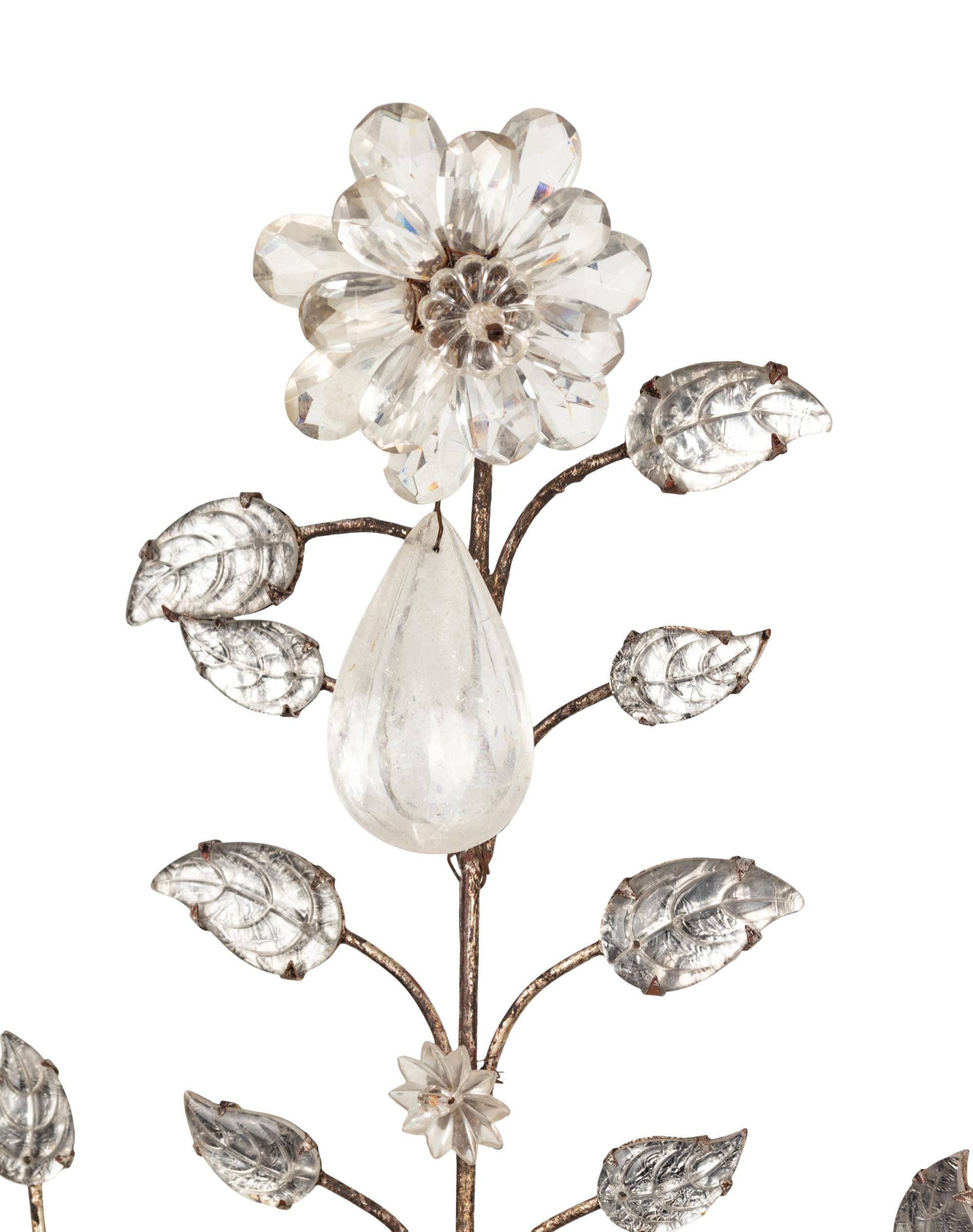 A Pair of French Silvered-Metal, Glass and Rock Crystal Two-Light Candelabra
