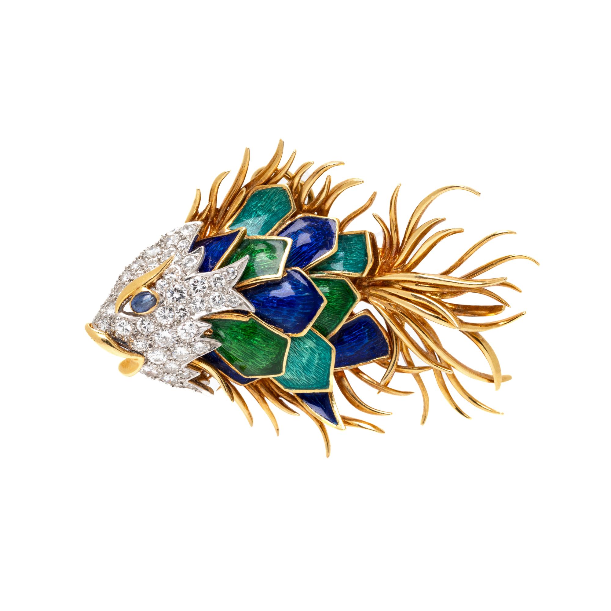 DIAMOND, SAPPHIRE, AND ENAMEL FISH BROOCH