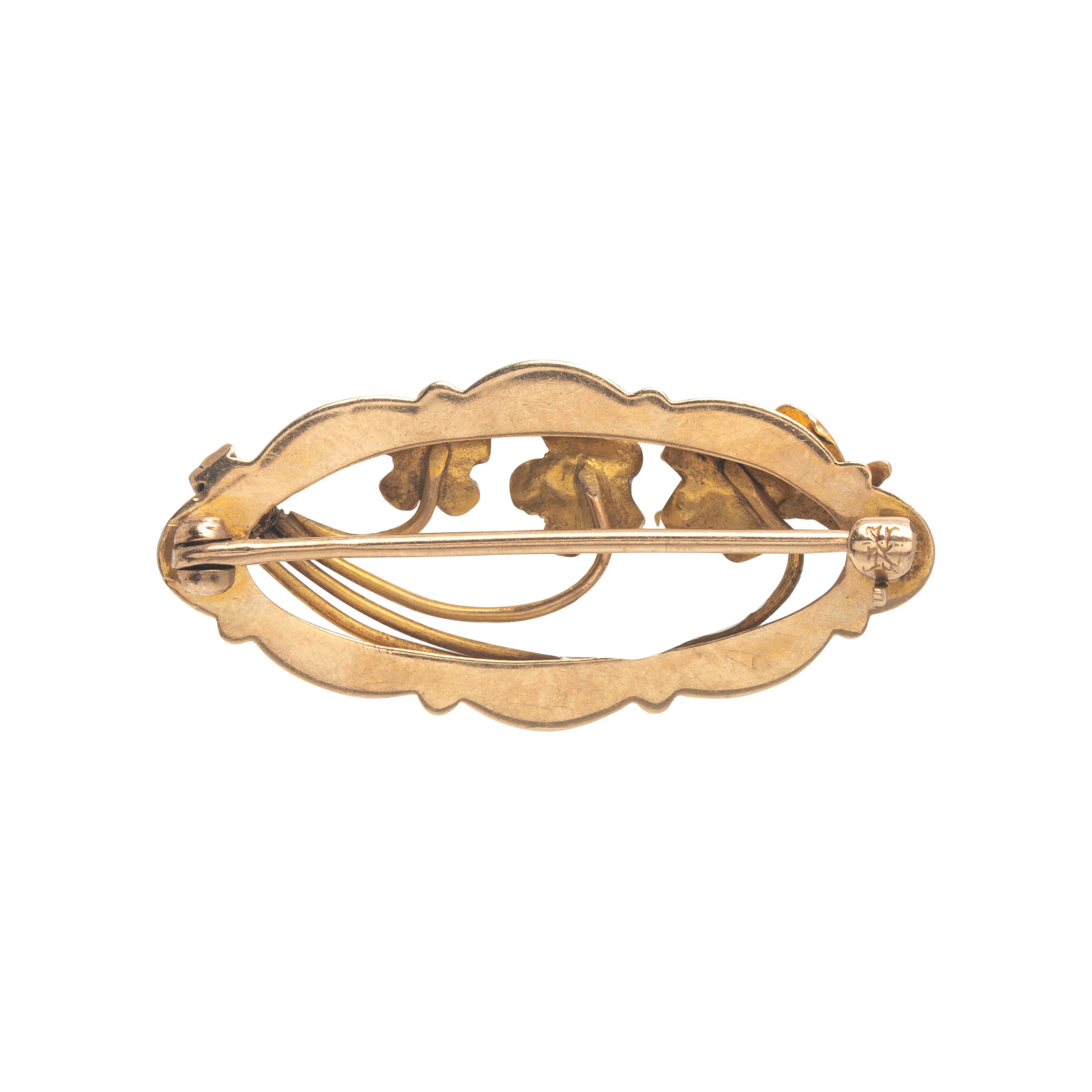 Art Nouveau, Three Enamel and Yellow Gold Brooches
