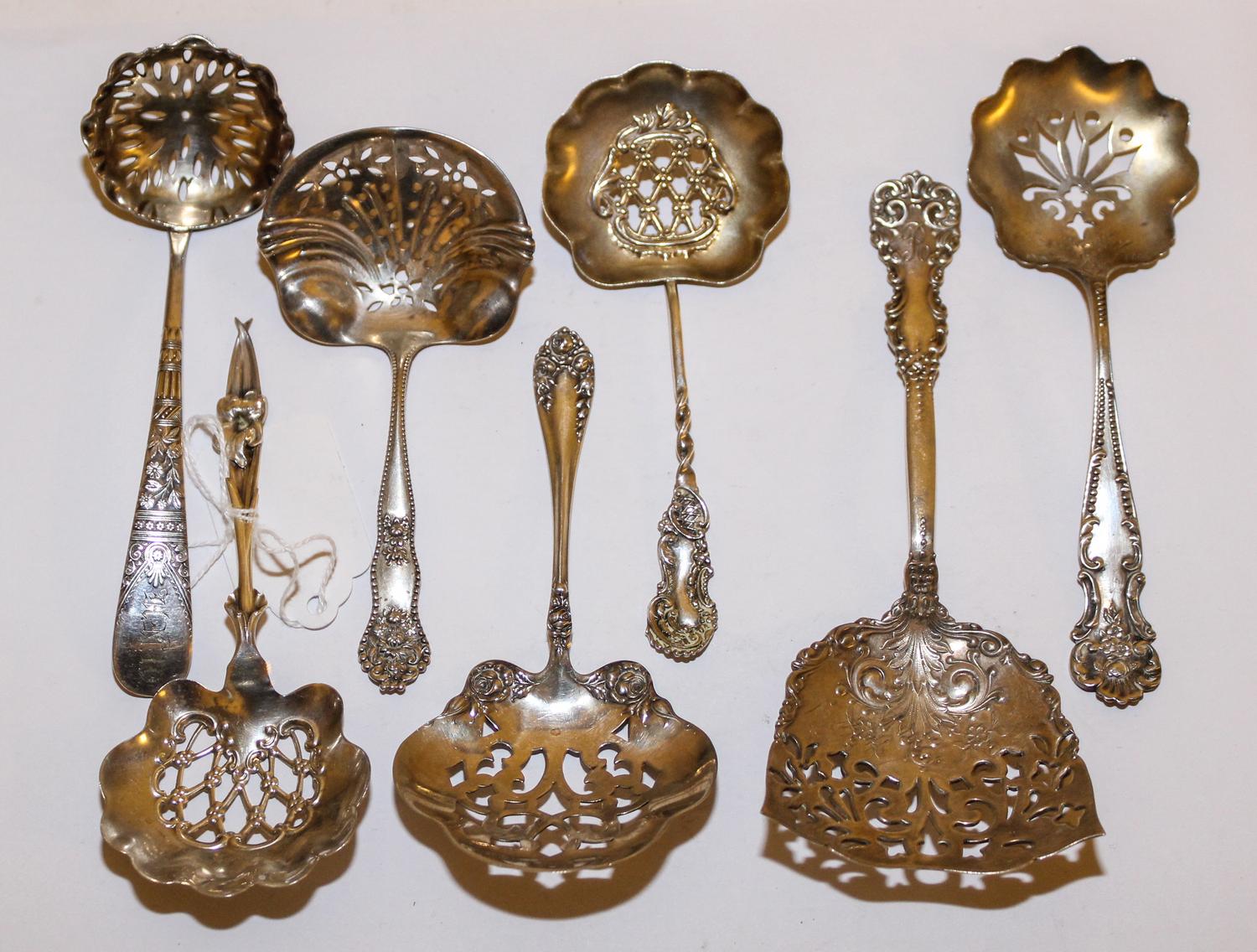 A Group of Seven American Silver Bonbon Spoons, Various Makers, two engraved with monograms.