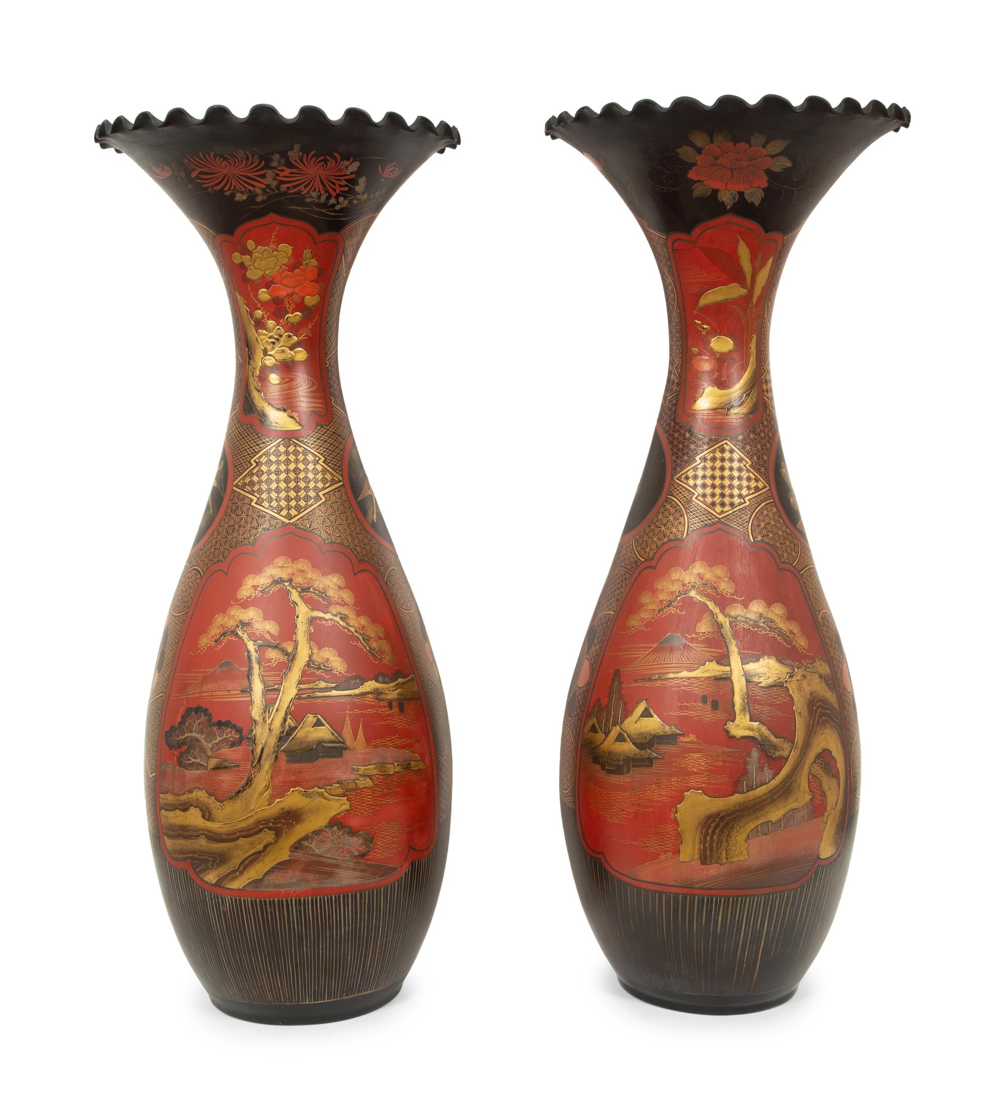 A Pair of Japanese Lacquered-Porcelain Baluster Vases