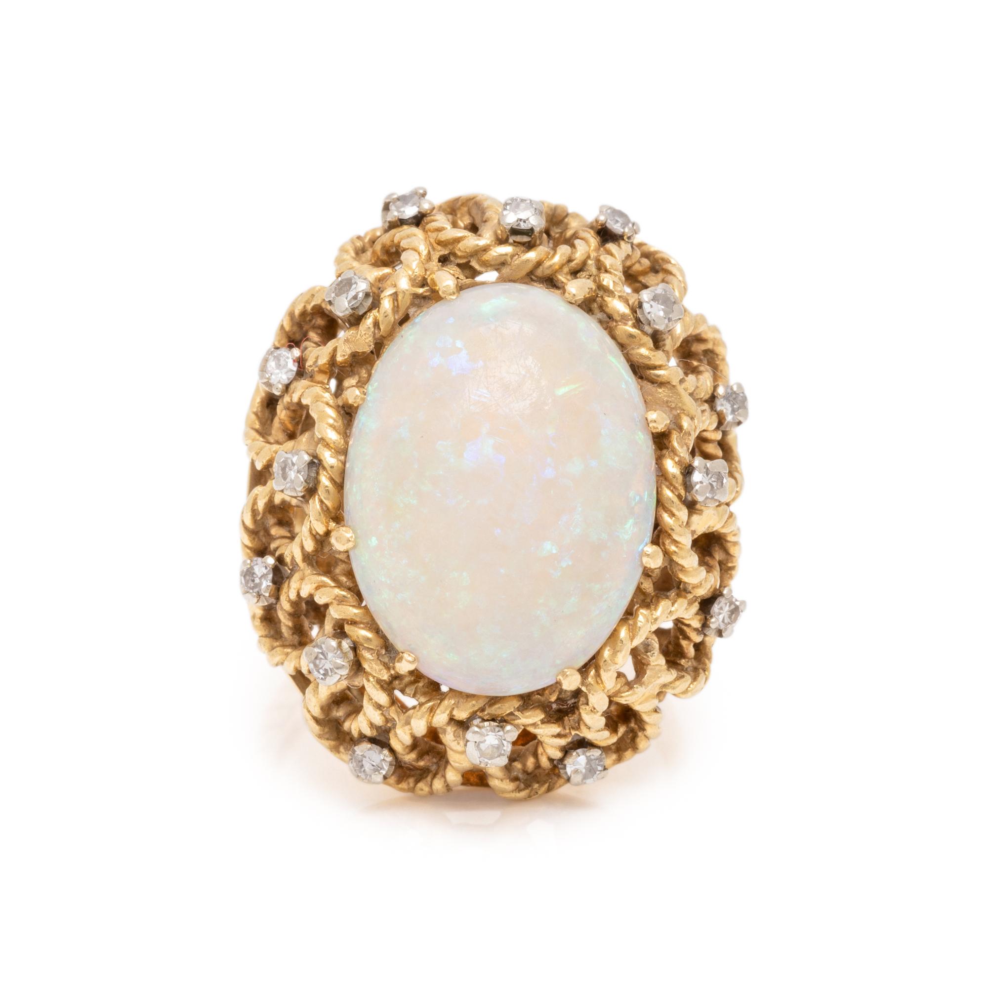 OPAL, DIAMOND, AND YELLOW GOLD RING