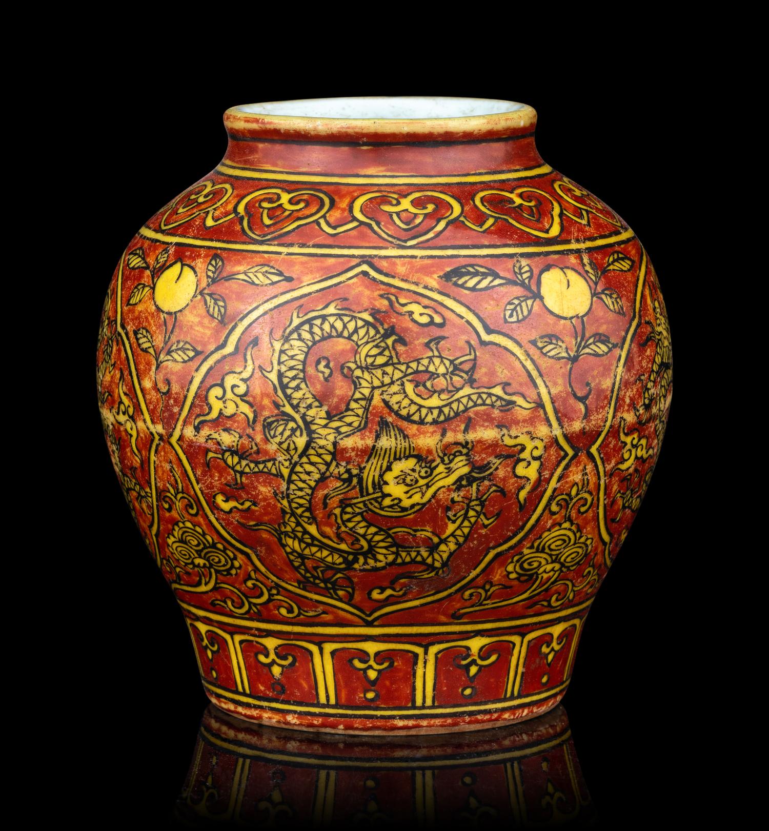 A Small Iron Red and Yellow Glazed 'Dragon' Jar