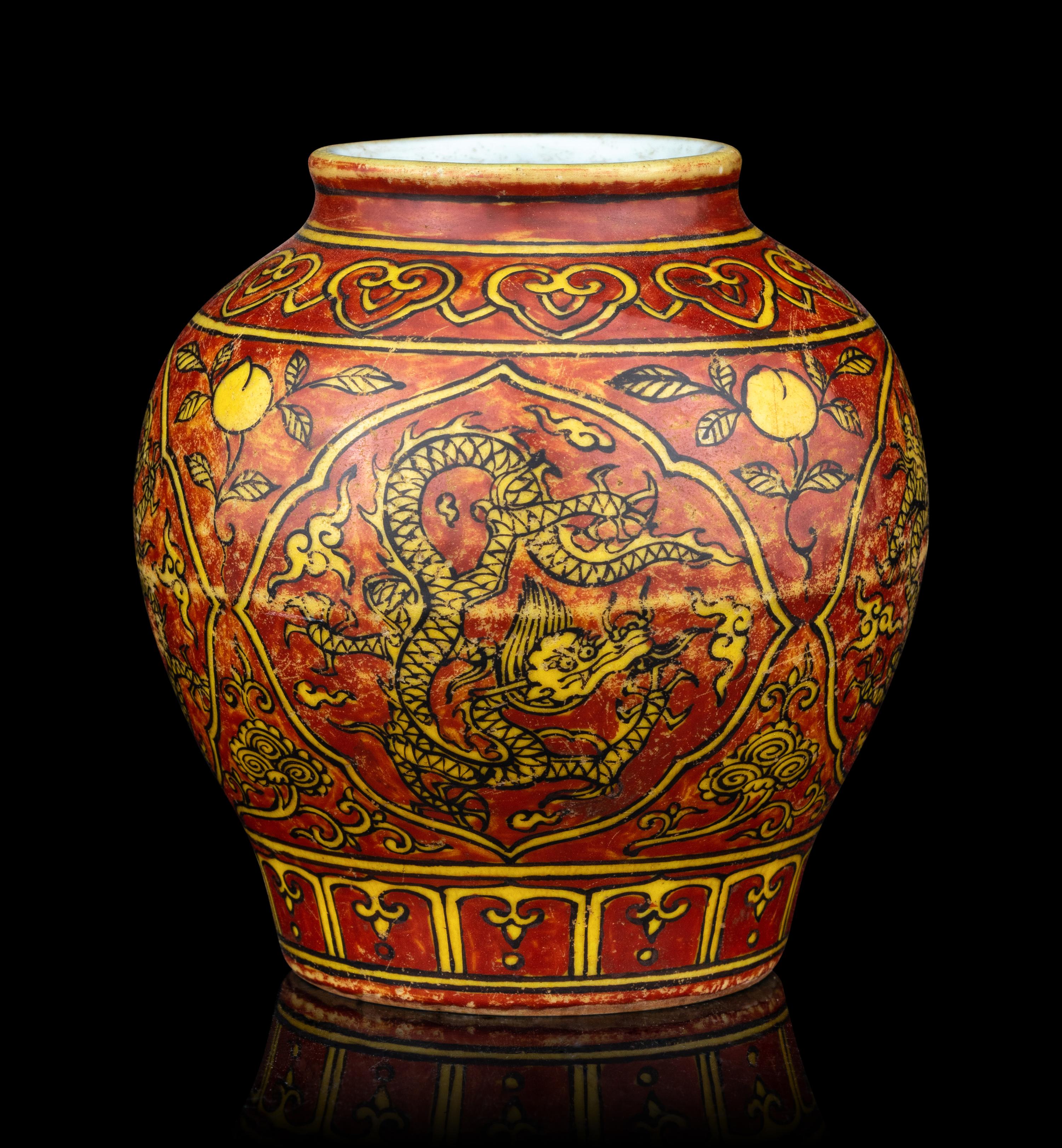 A Small Iron Red and Yellow Glazed 'Dragon' Jar