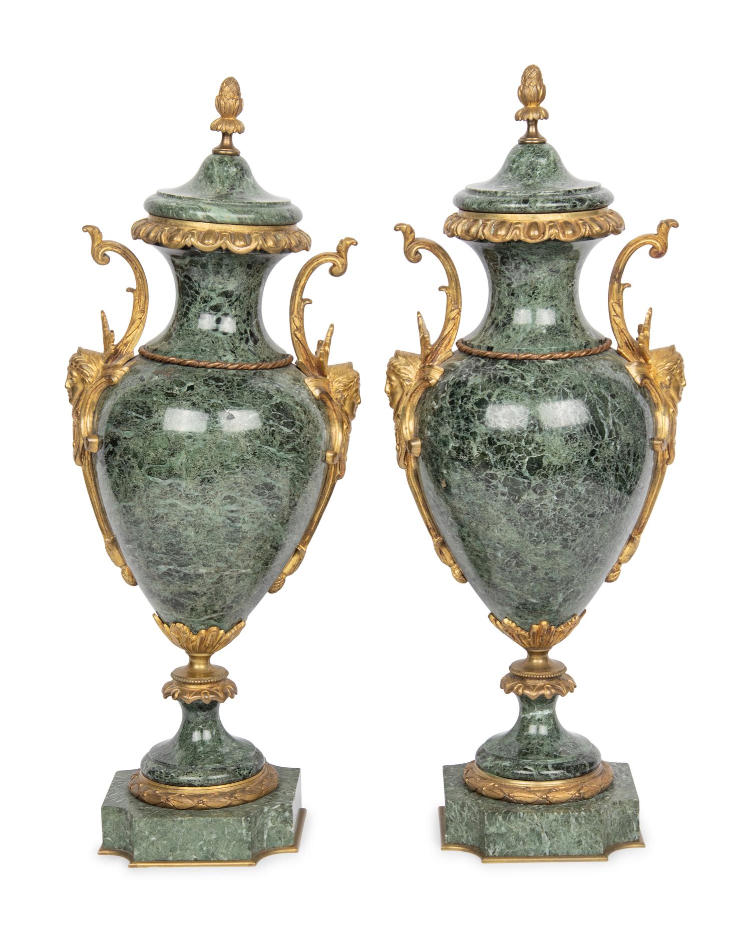 A Pair of French Gilt Bronze Mounted Marble Urns