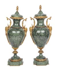 A Pair of French Gilt Bronze Mounted Marble Urns