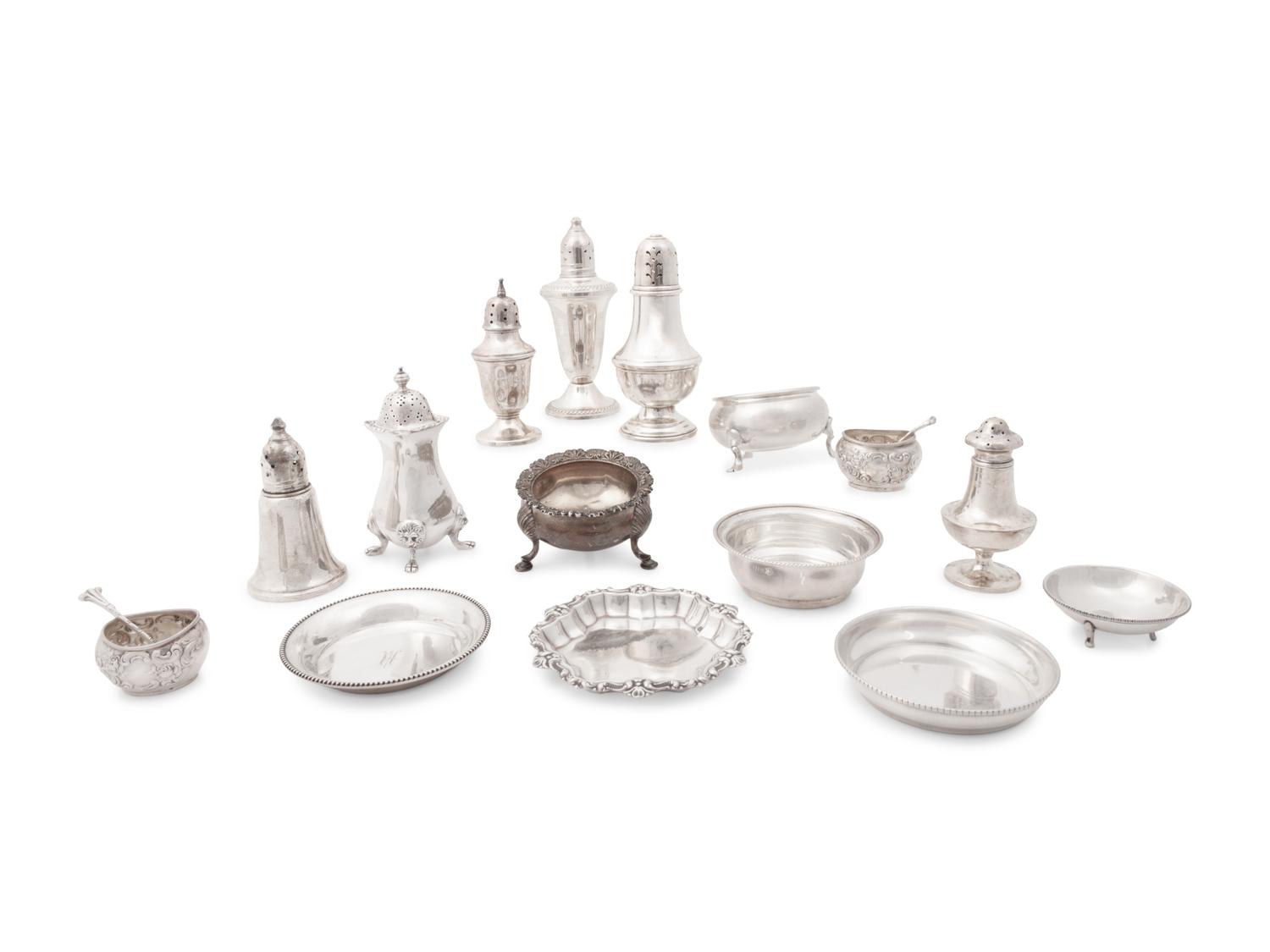 A Large Group of American Silver Salt and Pepper Shakers, Cellars and Finger Bowls