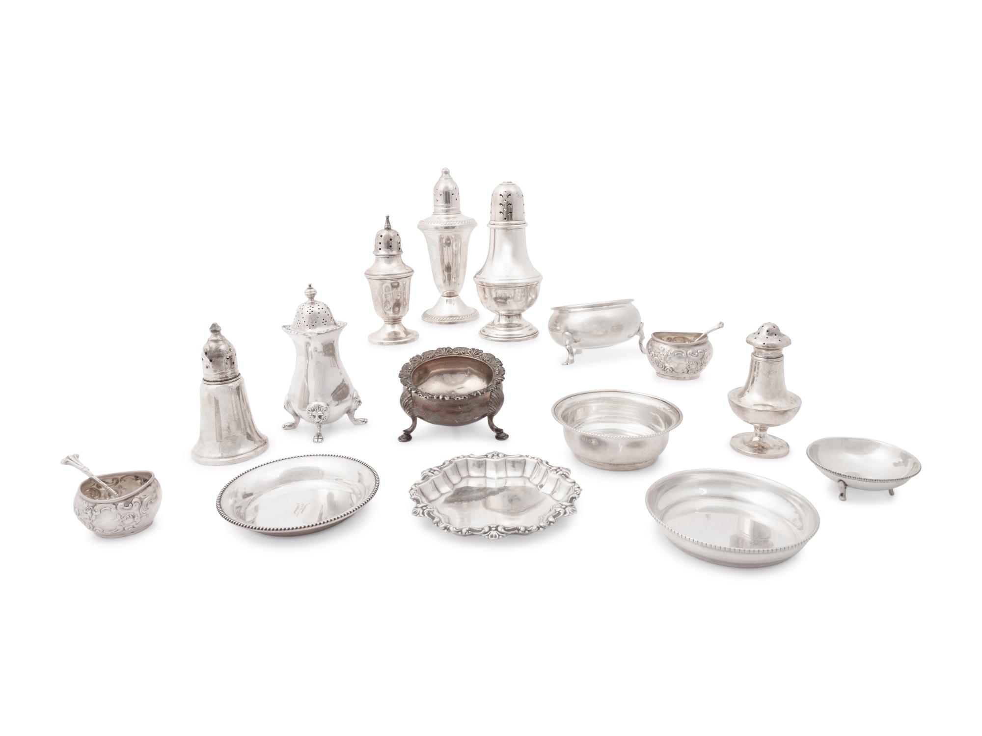 A Large Group of American Silver Salt and Pepper Shakers, Cellars and Finger Bowls