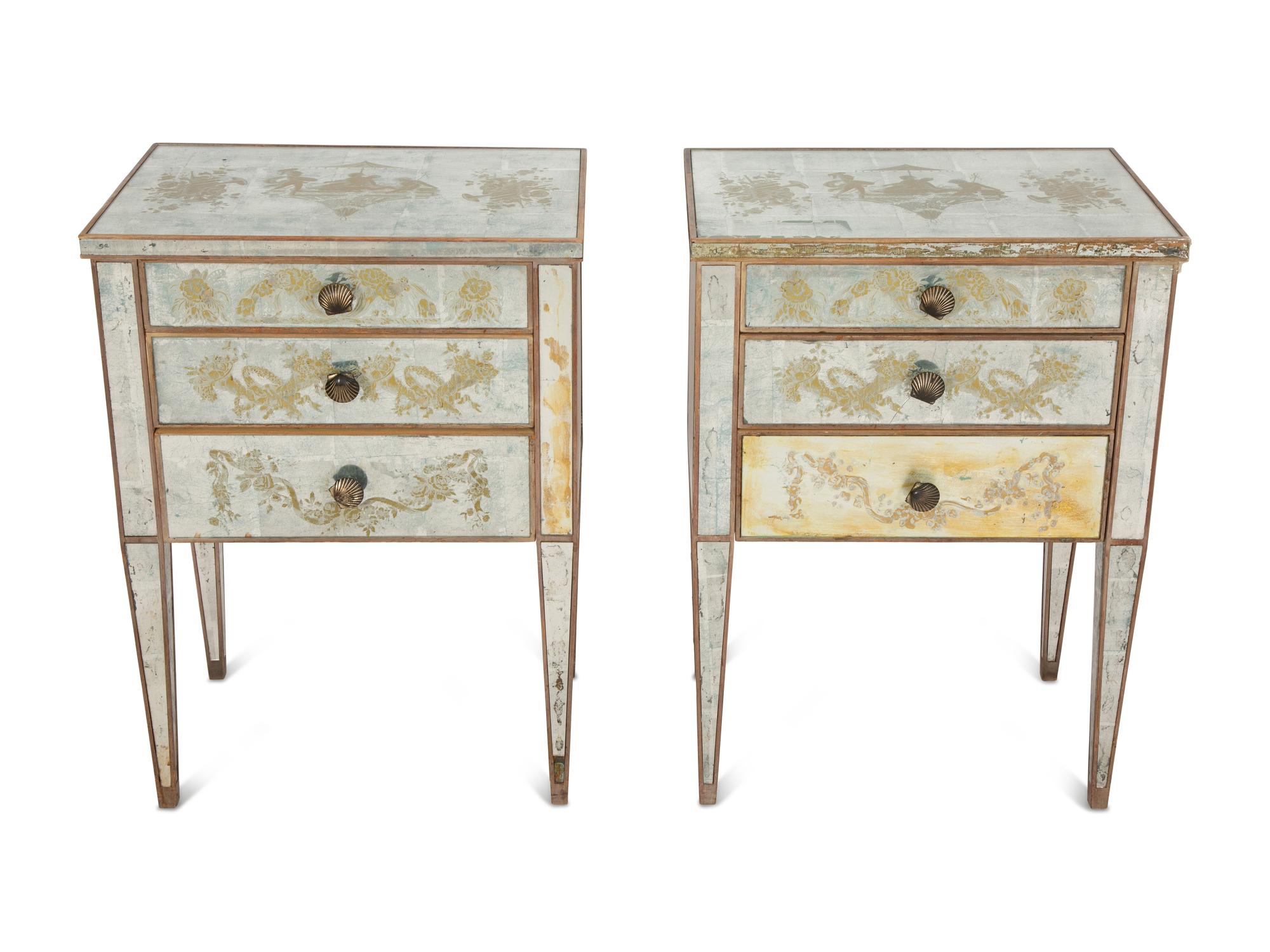 A Pair of French Eglomisé Mirrored Night Stands