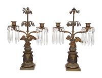 A Pair of English Gilt Metal and Glass Two-Light Candelabra