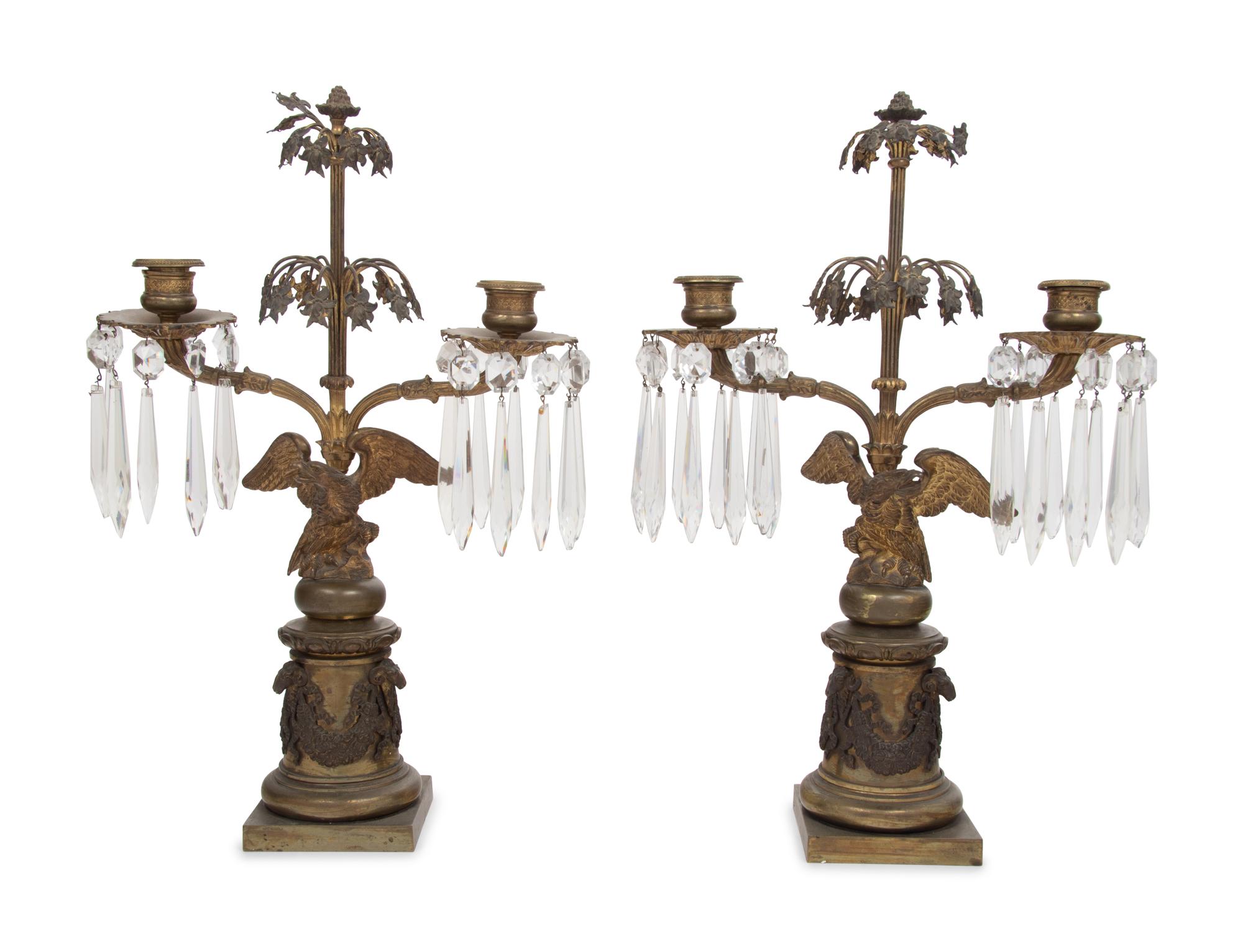 A Pair of English Gilt Metal and Glass Two-Light Candelabra