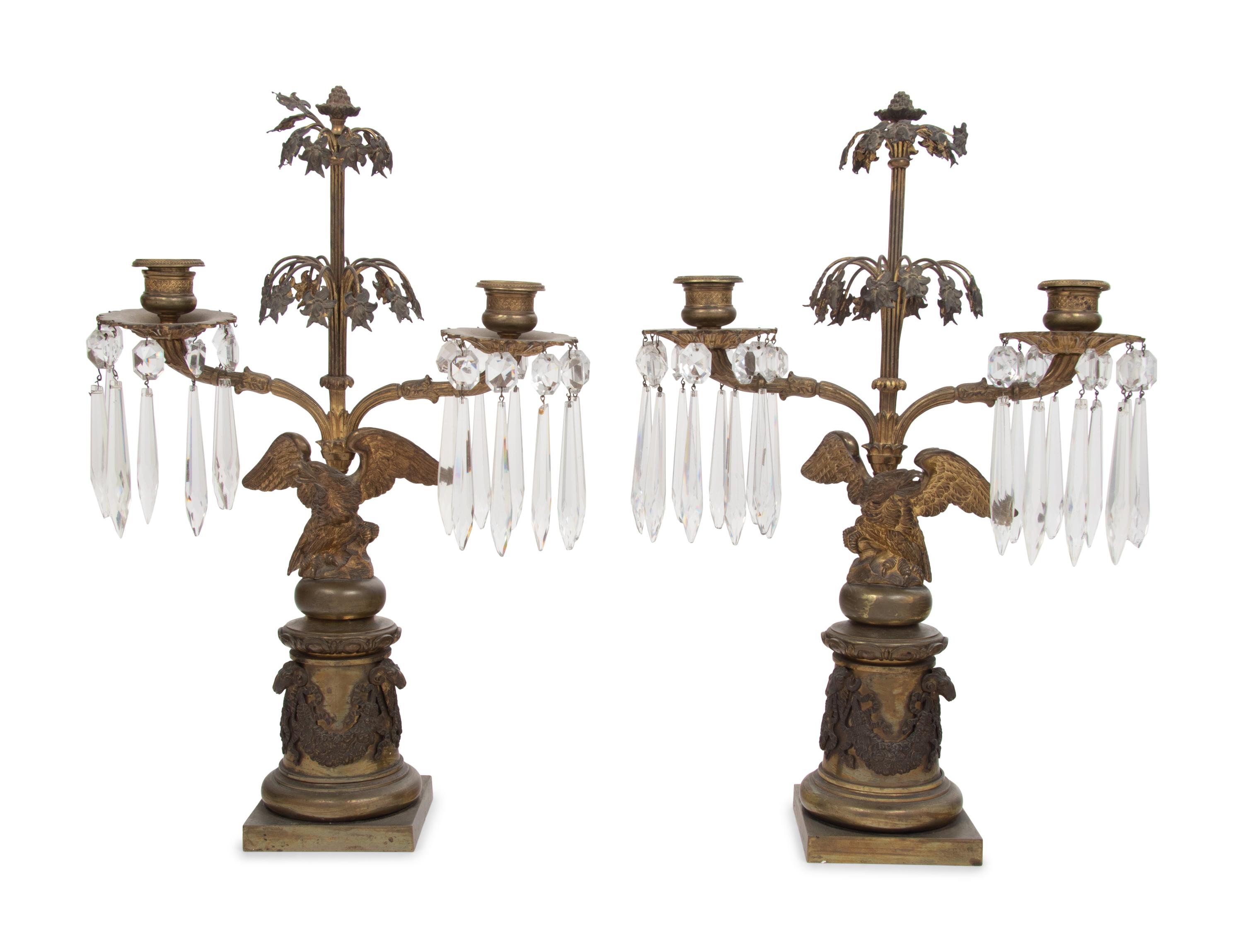 A Pair of English Gilt Metal and Glass Two-Light Candelabra