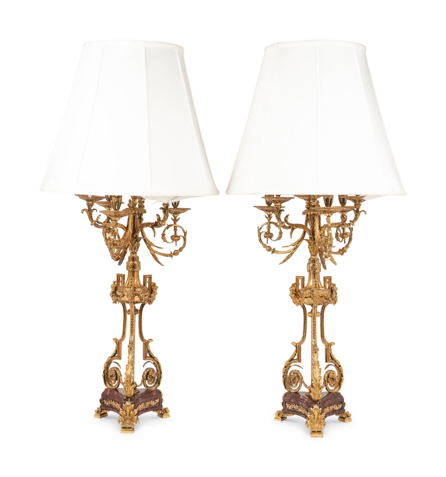 A Pair of Louis XVI Style Gilt Metal and Marble Seven-Light Candelabra Mounted as Lamps