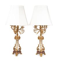 A Pair of Louis XVI Style Gilt Metal and Marble Seven-Light Candelabra Mounted as Lamps