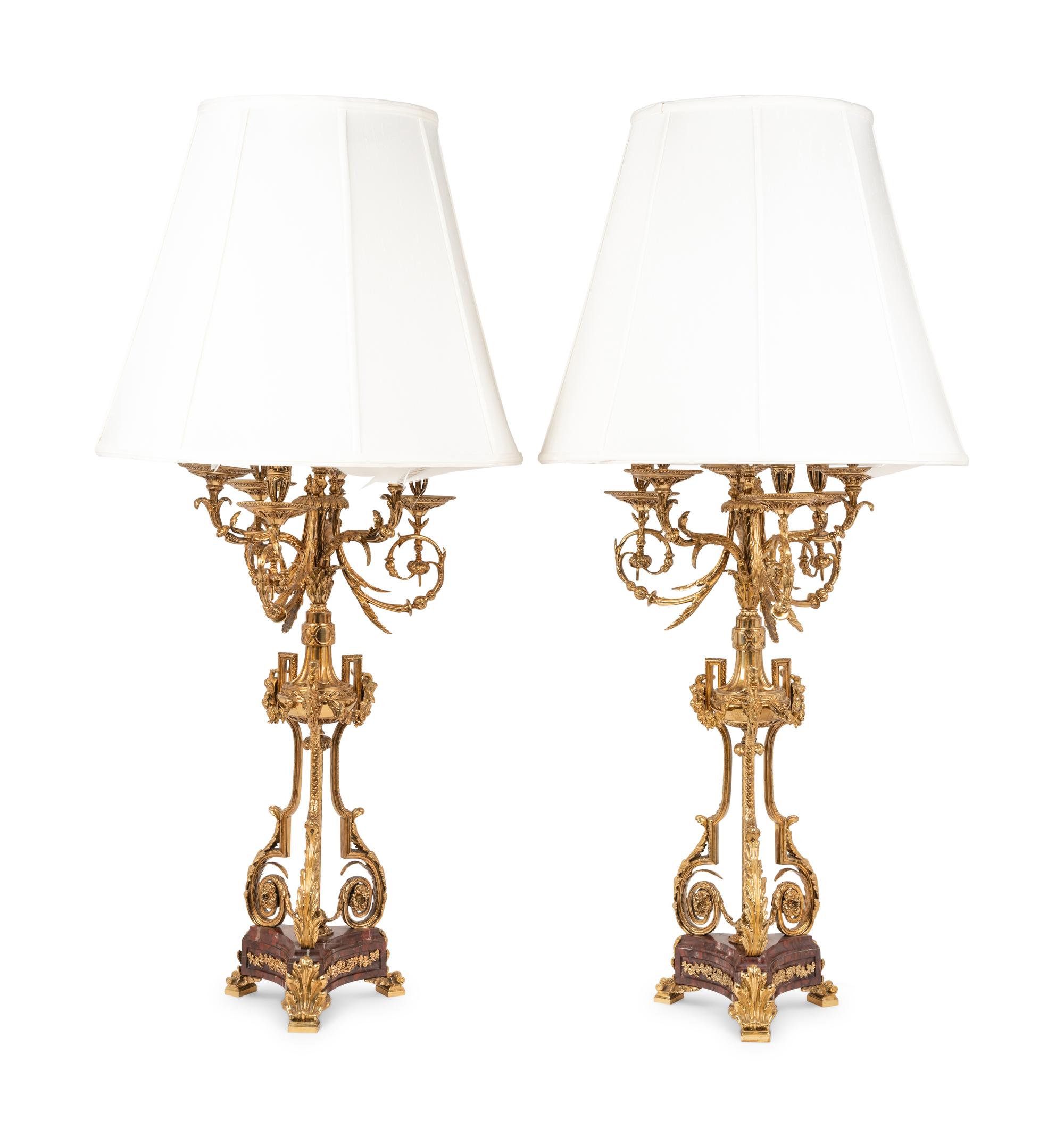 A Pair of Louis XVI Style Gilt Metal and Marble Seven-Light Candelabra Mounted as Lamps