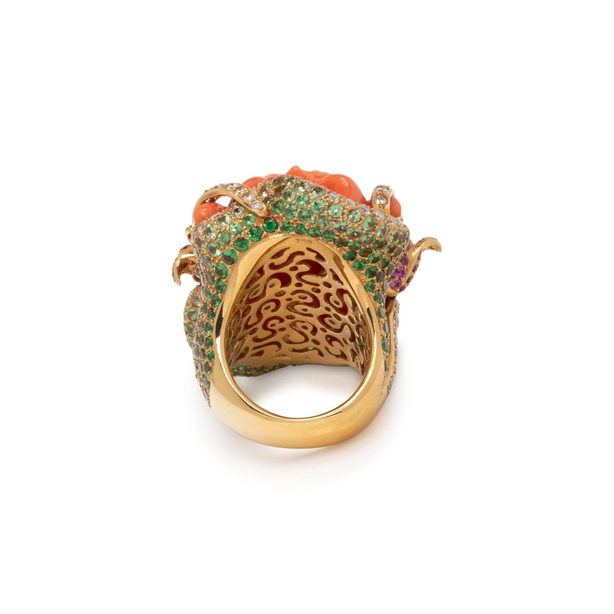 CARVED CORAL AND MULTIGEM RING