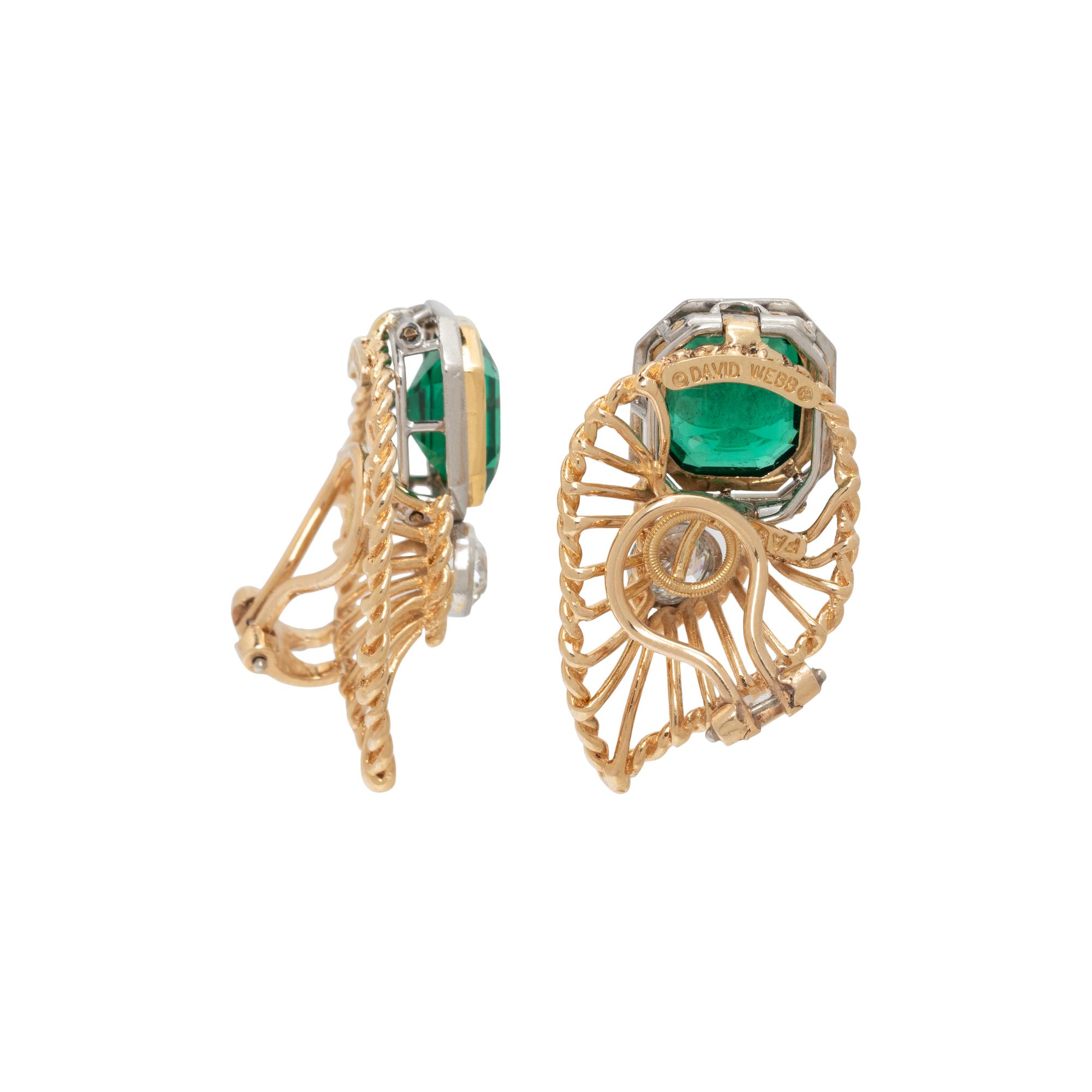 DAVID WEBB, YELLOW GOLD, DIAMOND AND GREEN GLASS EARRINGS