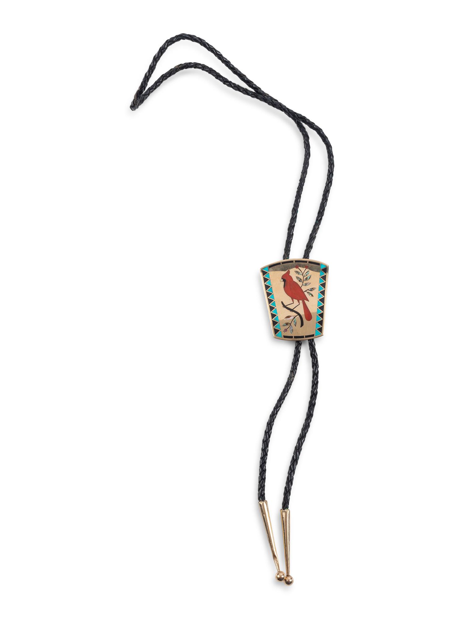 14k Gold and Mosaic Inlay Cardinal Bolo Tie