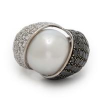 Cultured Pearl, Diamond, and Black Diamond Ring
