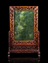 A Large Chinese Spinach Jade Inset Table Screen