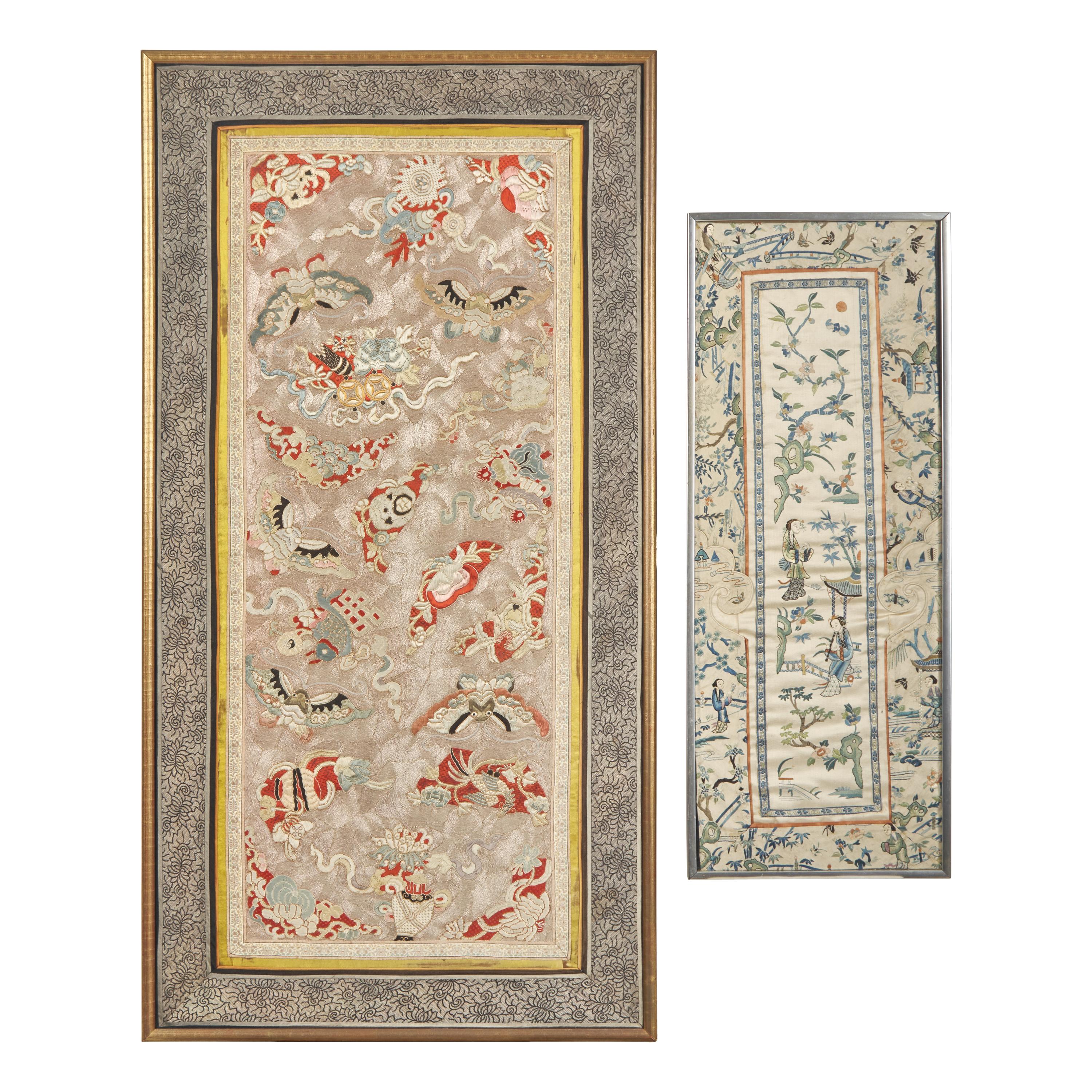 Two Chinese Embroidered Silk Panels, 19th to 20th Century 清晚期 銀綫地百蝶圖綉片及庭院仕女圖挽袖一件