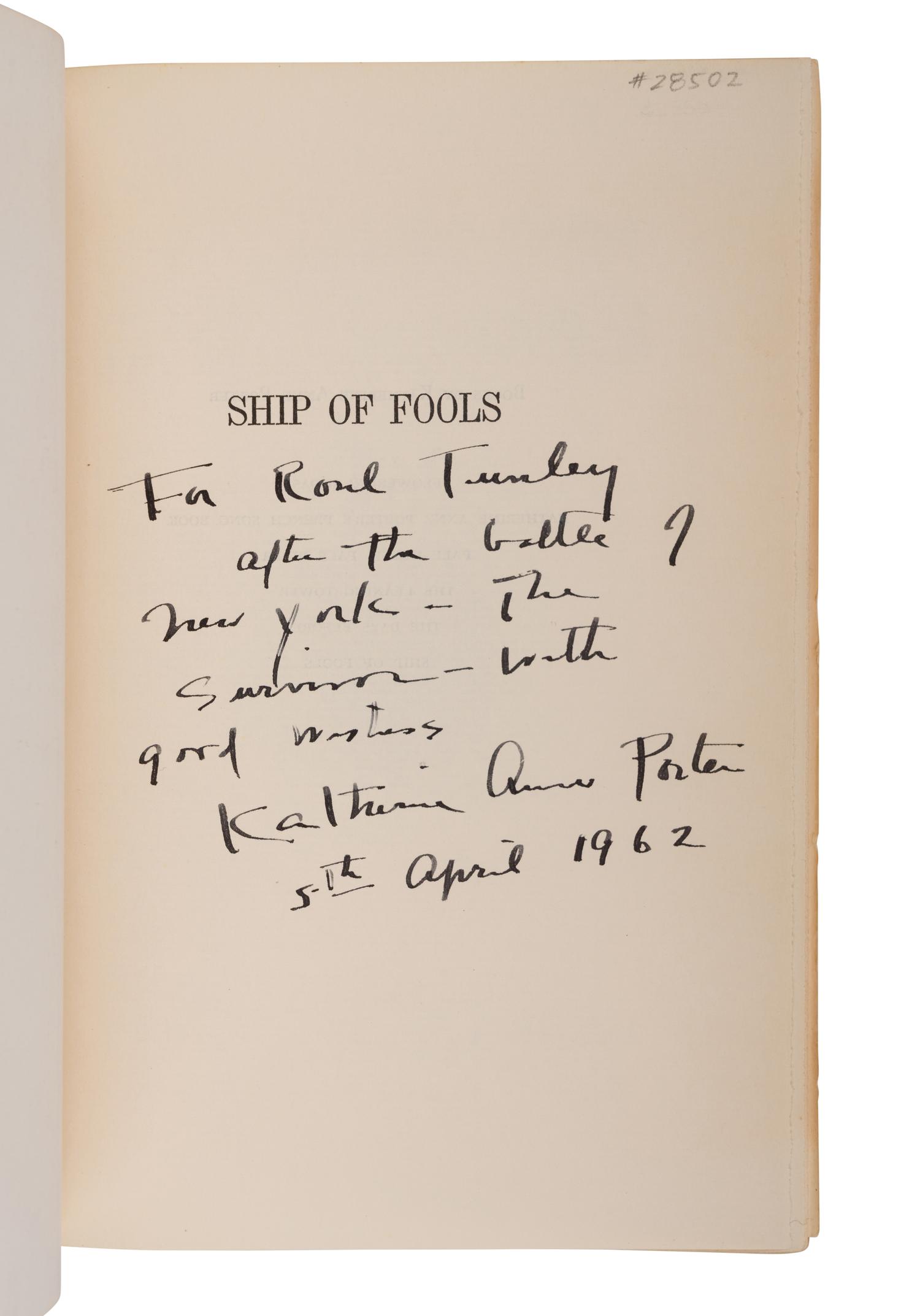PORTER, Katherine Anne (1890-1980). Ship of Fools. Boston: Little, Brown & Company, 1962.