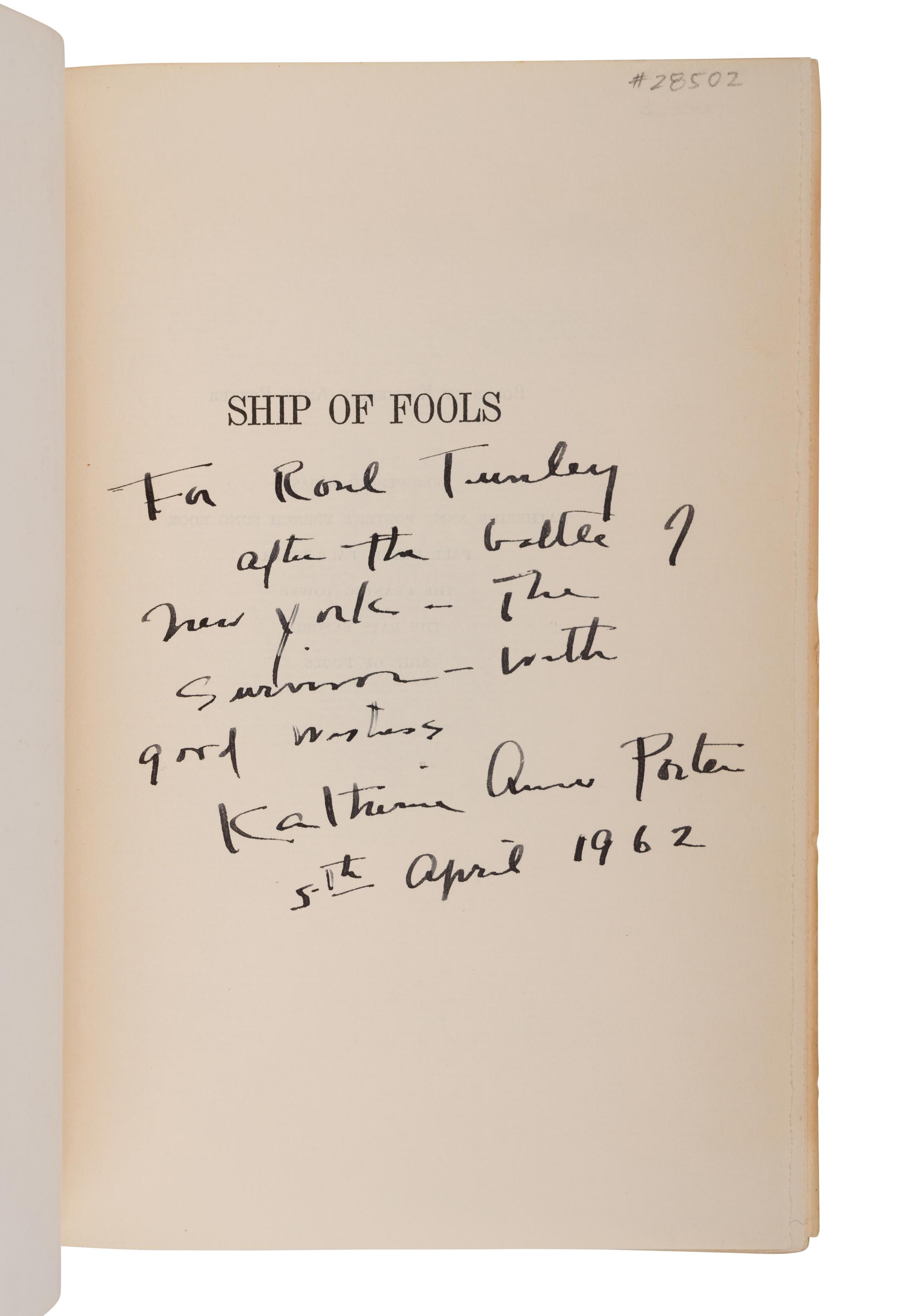 PORTER, Katherine Anne (1890-1980). Ship of Fools. Boston: Little, Brown & Company, 1962.