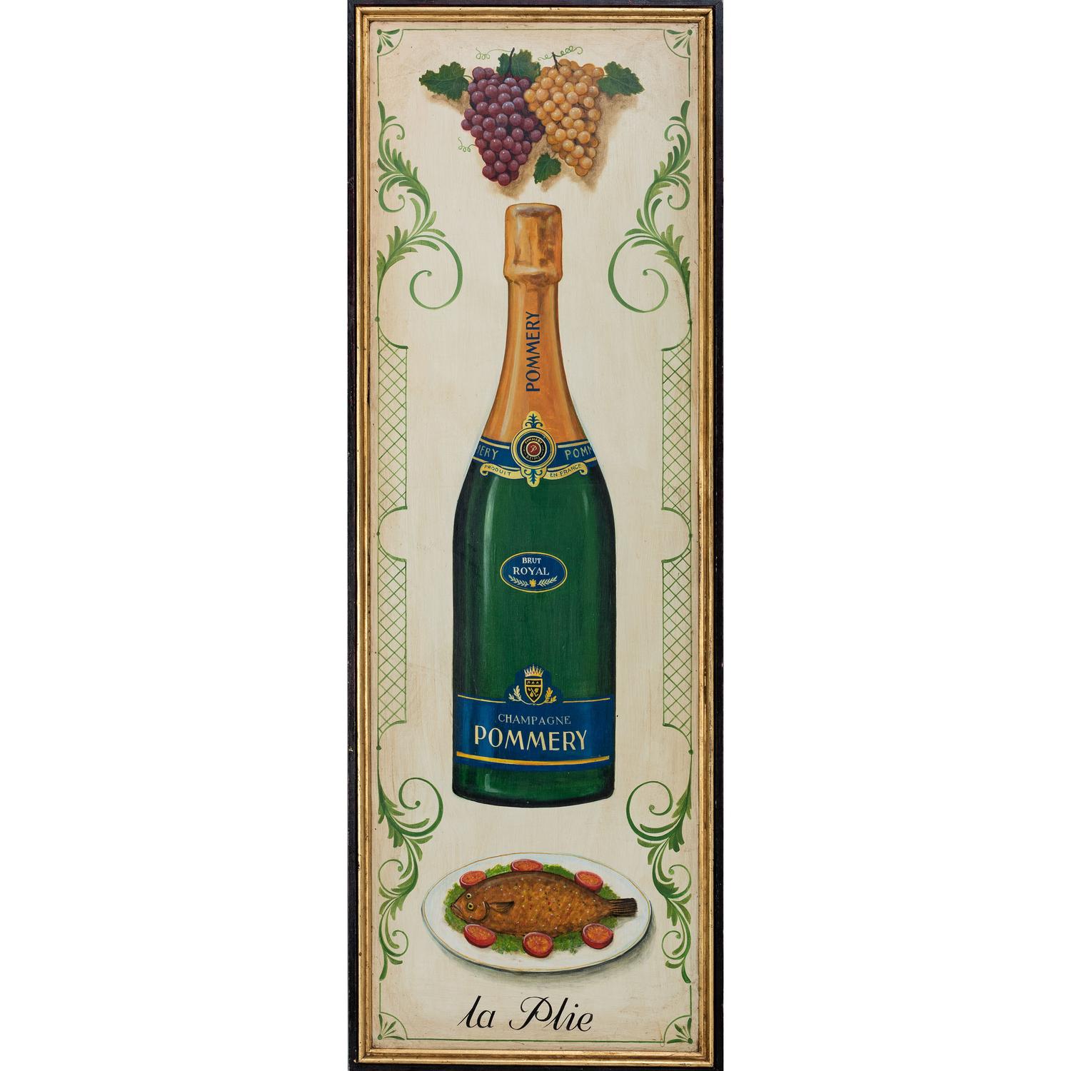 A Champagne Pommery and la Plie Painted Advertising Panel