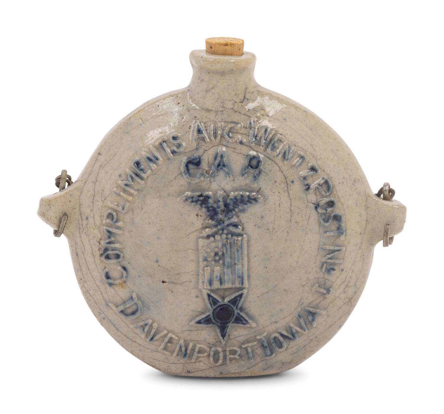 A Cobalt Decorated Stoneware Grand Army of the Republic G.A.R. Flask