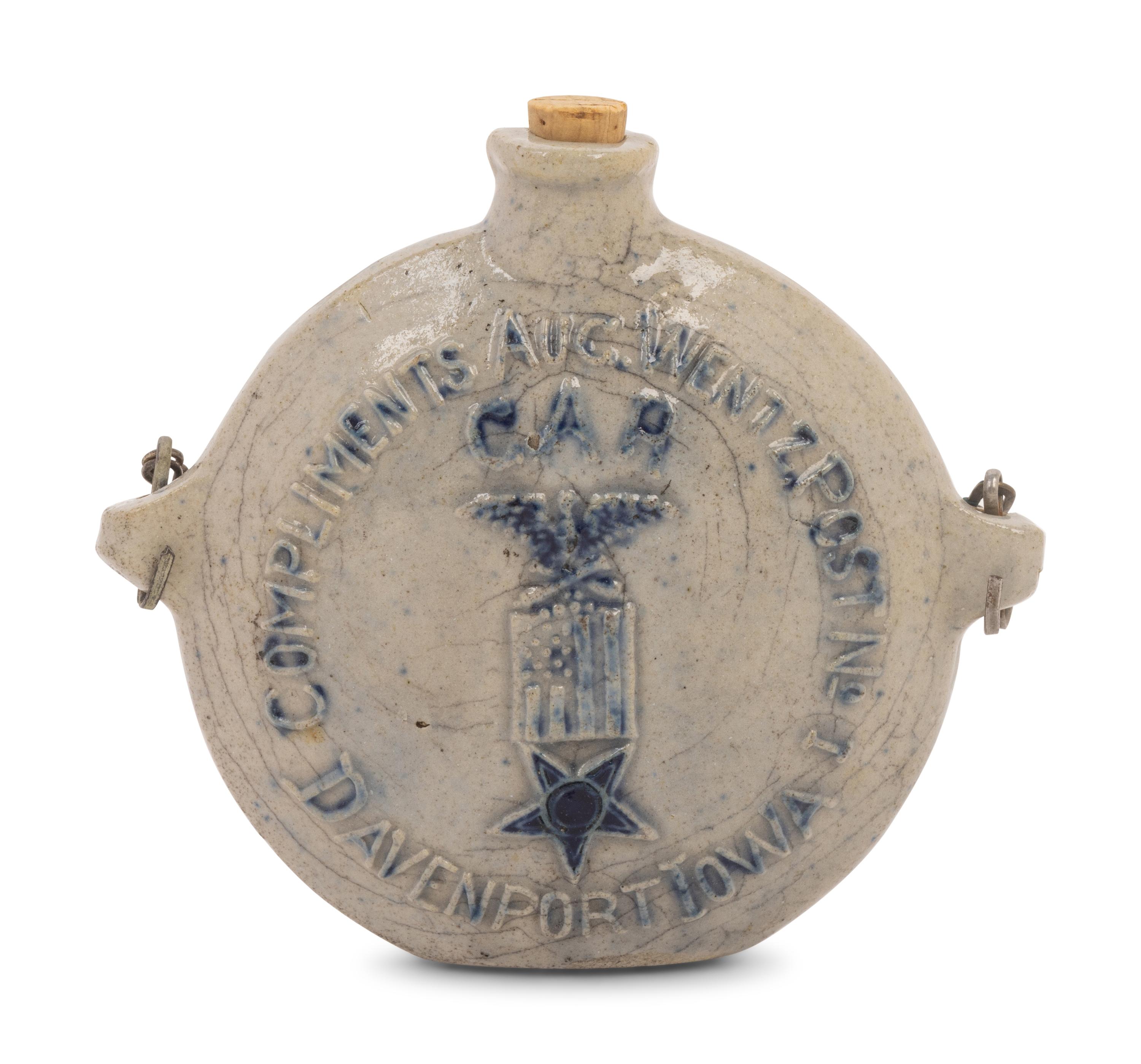 A Cobalt Decorated Stoneware Grand Army of the Republic G.A.R. Flask