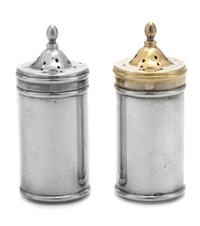 A Pair of American Silver Casters, Tiffany & Co., New York, NY, each of canister form with removable glass inserts, the lids surmounted