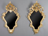 A Pair of Rococo Style Giltwood Mirrors, Height 28 x width 16 1/2 inches.