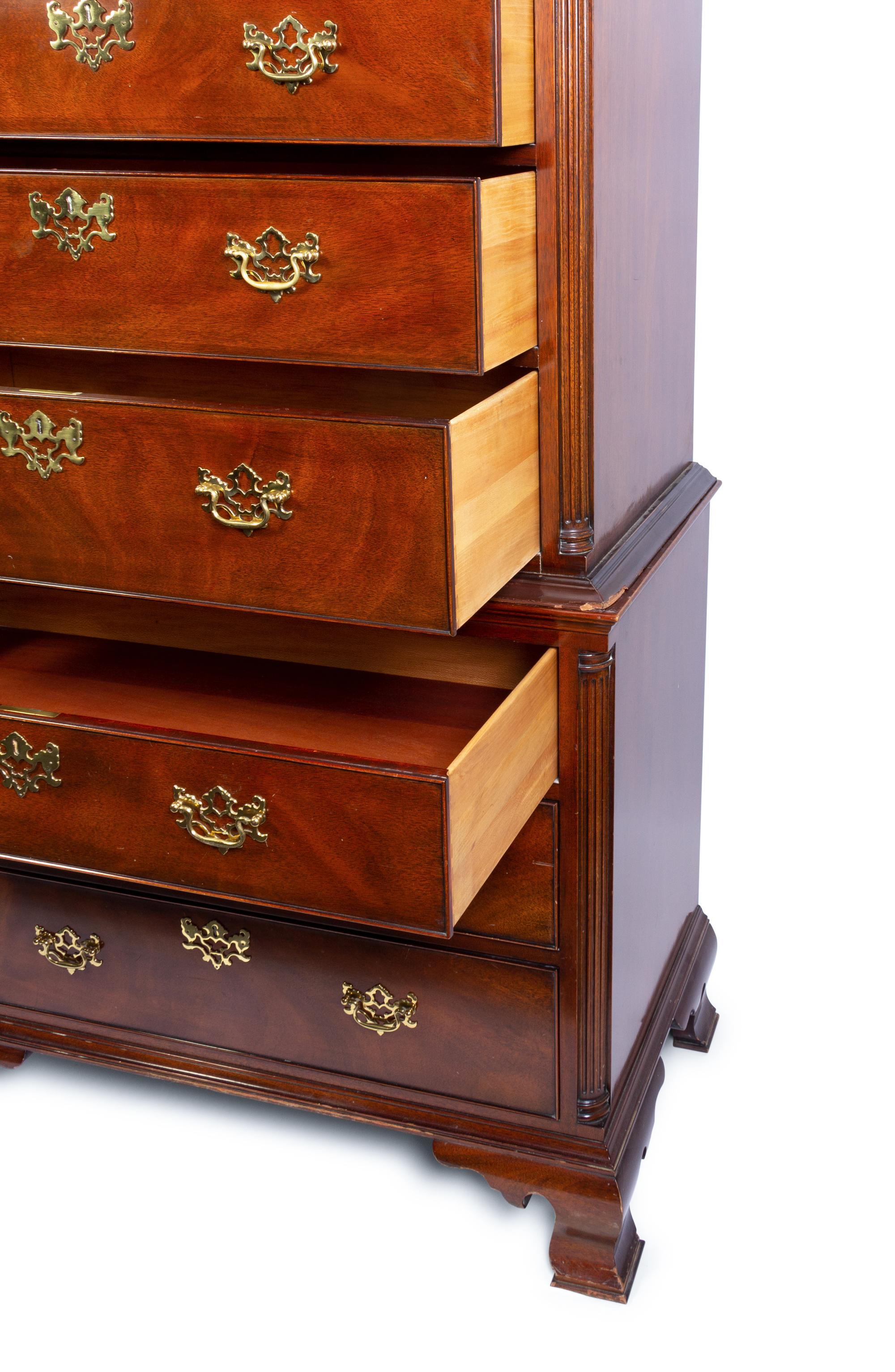 An American Chinese Chippendale Style Carved Mahogany Chest on Chest