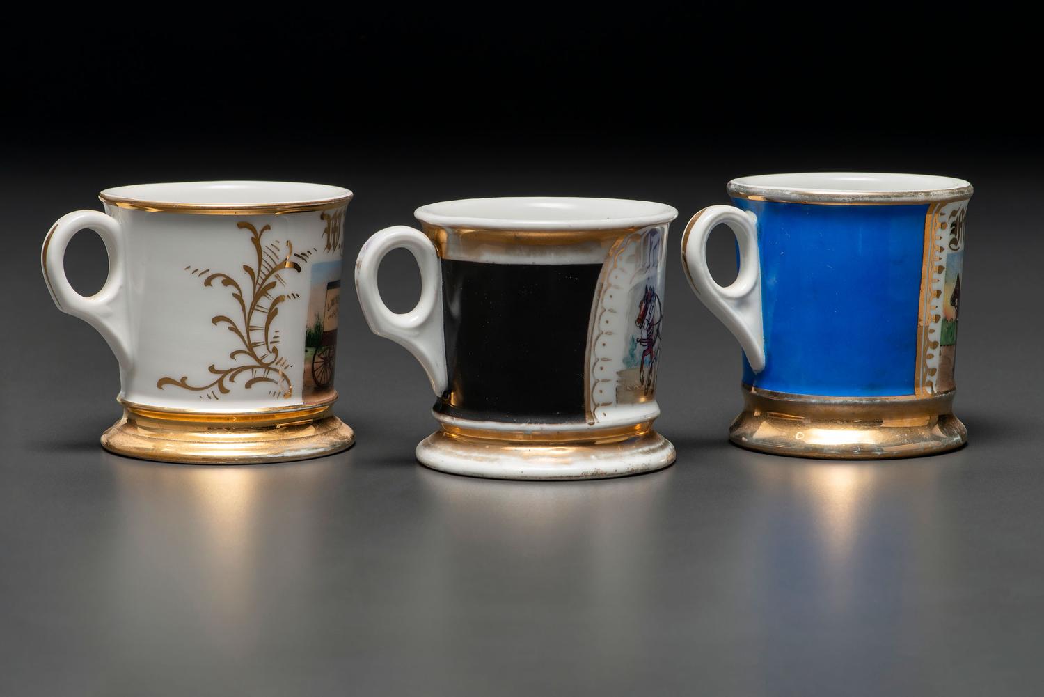 Three Porcelain Occupational Shaving Mugs Depicting Horse-Drawn Delivery Wagons