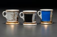Three Porcelain Occupational Shaving Mugs Depicting Horse-Drawn Delivery Wagons