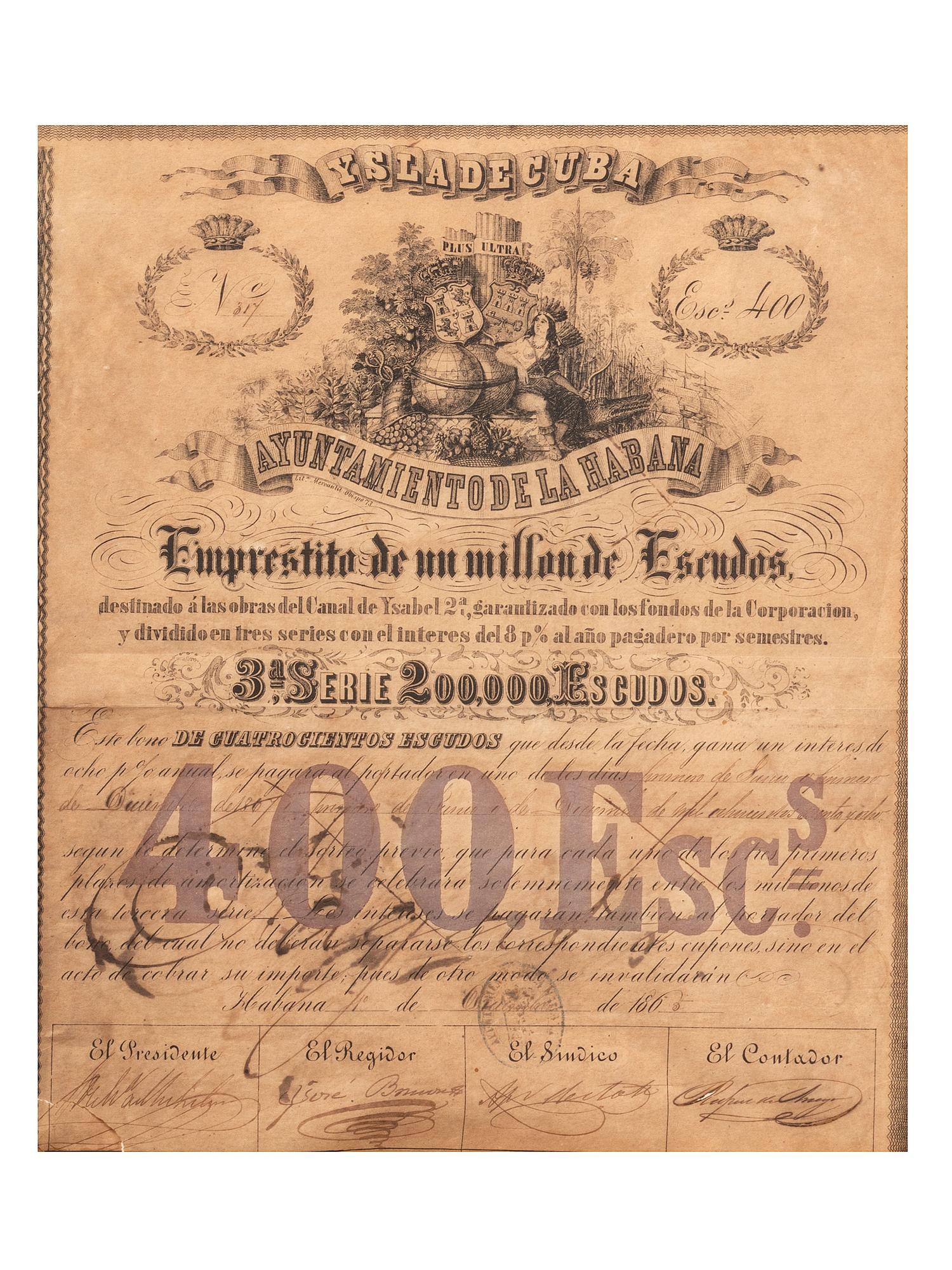 [CURRENCY]. Cuban stock certificate for 400 escudos. Havana, Cuba, 10 December 1865.