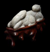A Mottled Grey Jade Carving of Double Deers