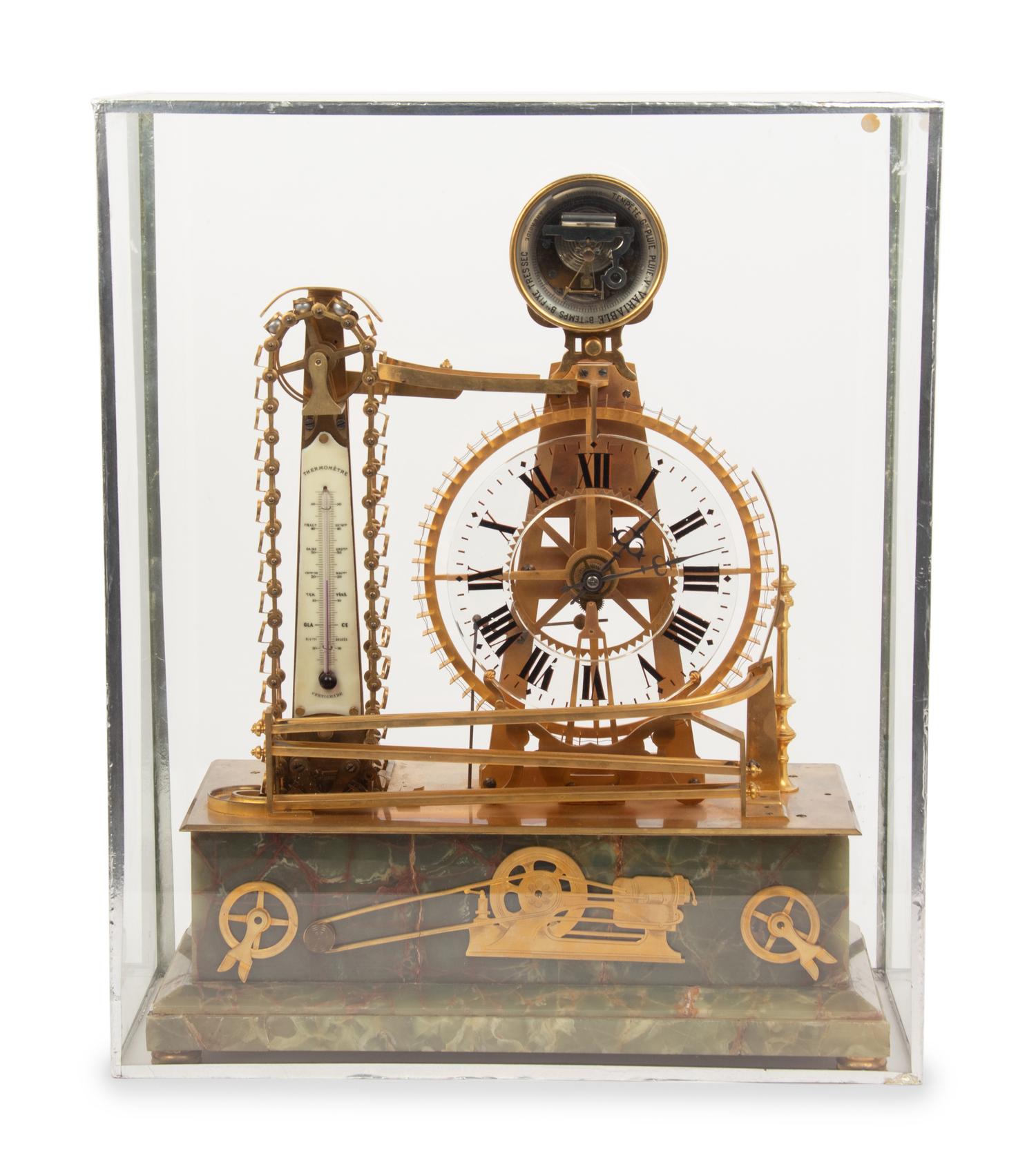 A French Gilt Metal and Onyx Mounted Compound Congreve Waterwheel Clock, Thermometer and Barometer