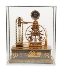 A French Gilt Metal and Onyx Mounted Compound Congreve Waterwheel Clock, Thermometer and Barometer