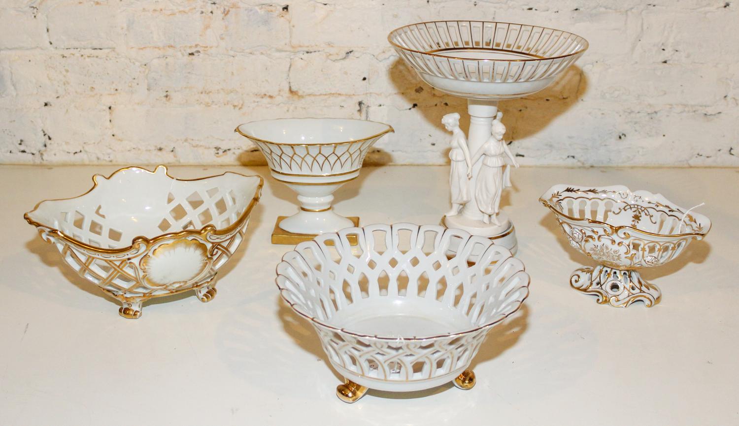 A Group of Five Gilt Painted Porcelain Articles Height of tallest 10 1/2 inches.