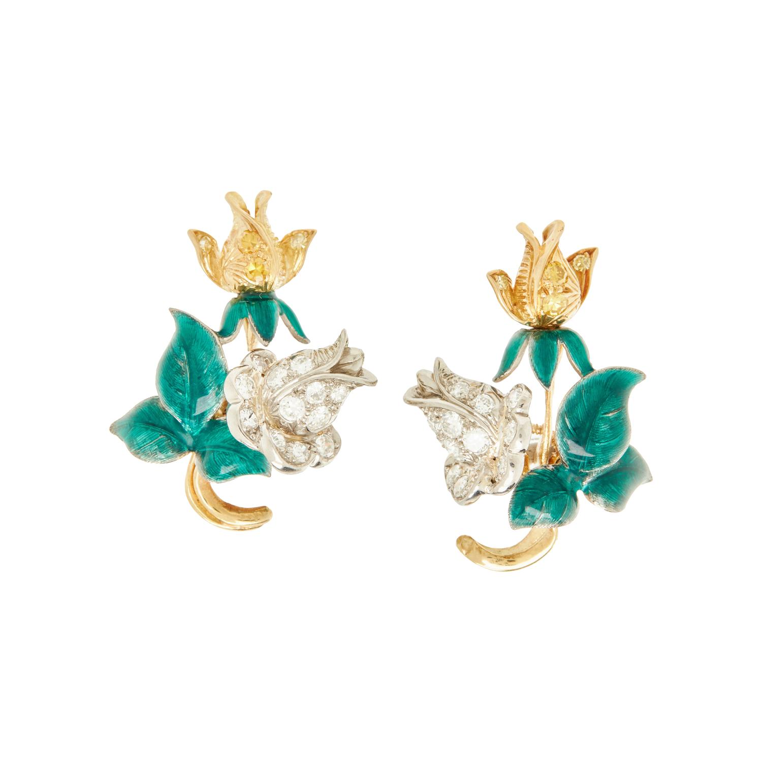 OSCAR HEYMAN, YELLOW DIAMOND AND DIAMOND ROSE EARRINGS