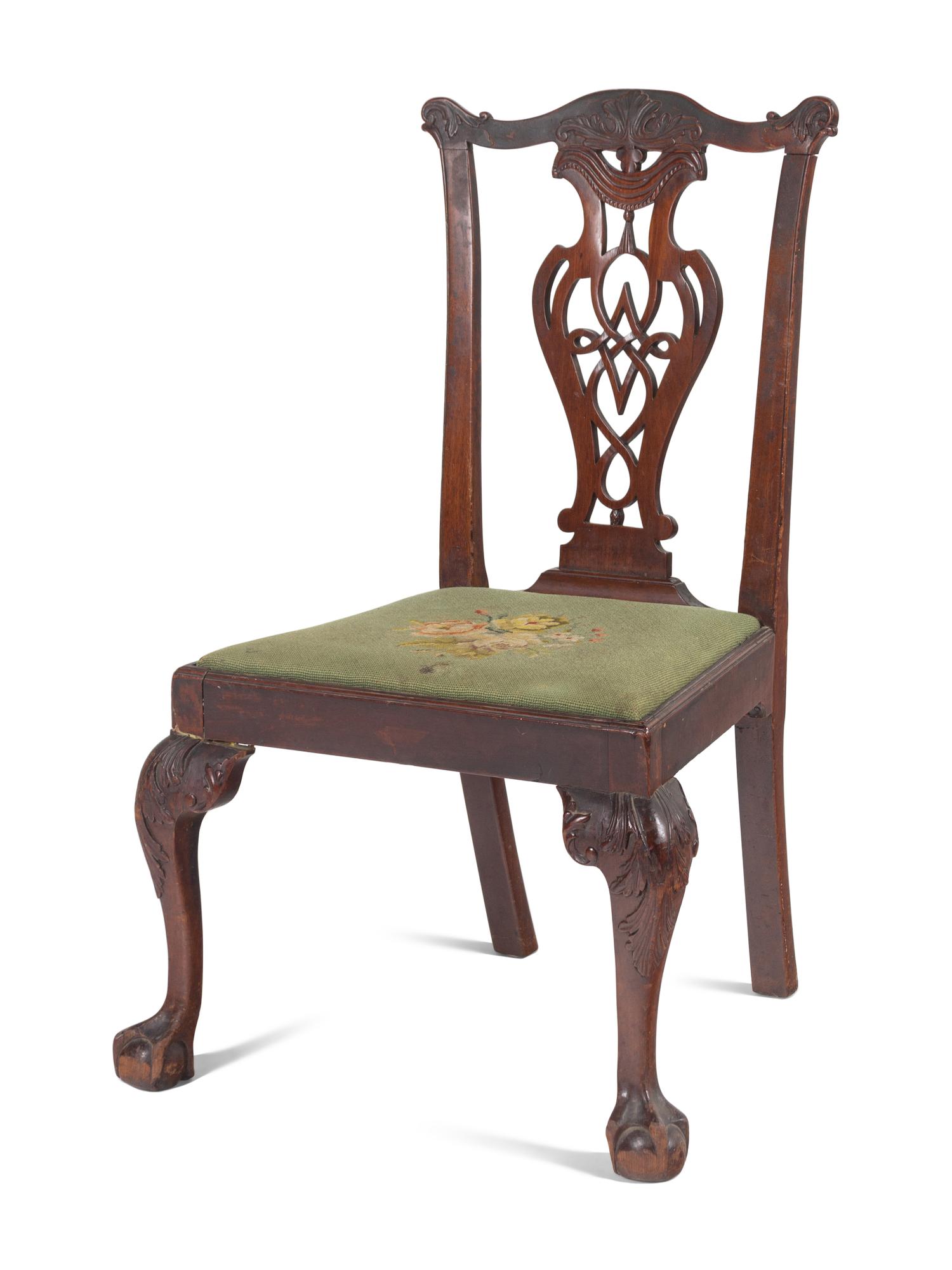 A Chippendale Carved Mahogany Claw-and-Ball Foot Side Chair