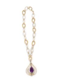 AMETHYST, ROCK CRYSTAL AND DIAMOND PENDANT/NECKLACE