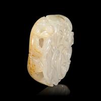 A Chinese White and Russet Jade 'Lotus' Pendant, 18th/19th Century — 清中期 白玉帶皮鏤雕蓮塘荷葉佩