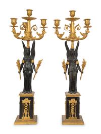 A Pair of Empire Style Gilt and Patinated Bronze Three-Light Candelabra