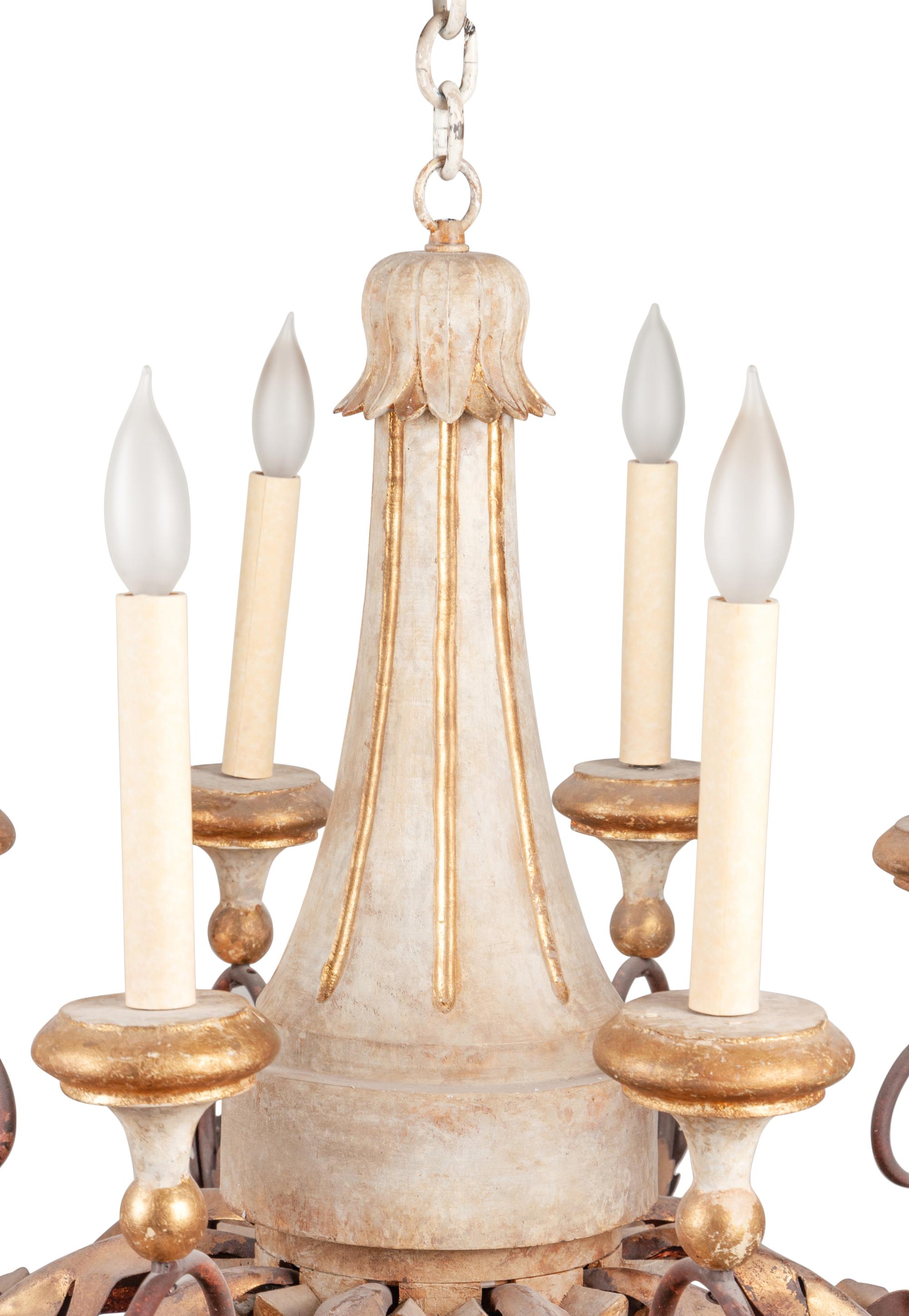 An Italian Painted Wood and Gilt Tole Ten-Light Chandelier