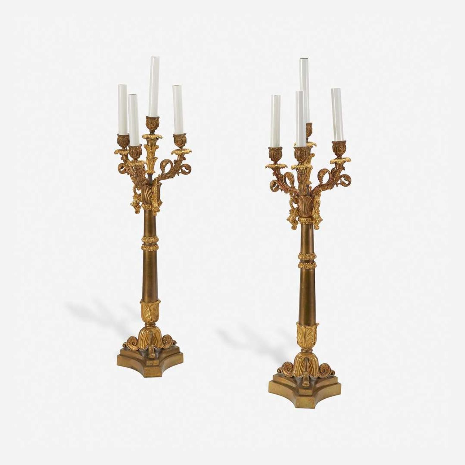 A Pair of Empire Gilt and Patinated Bronze Four-Light Candelabra early 19th century