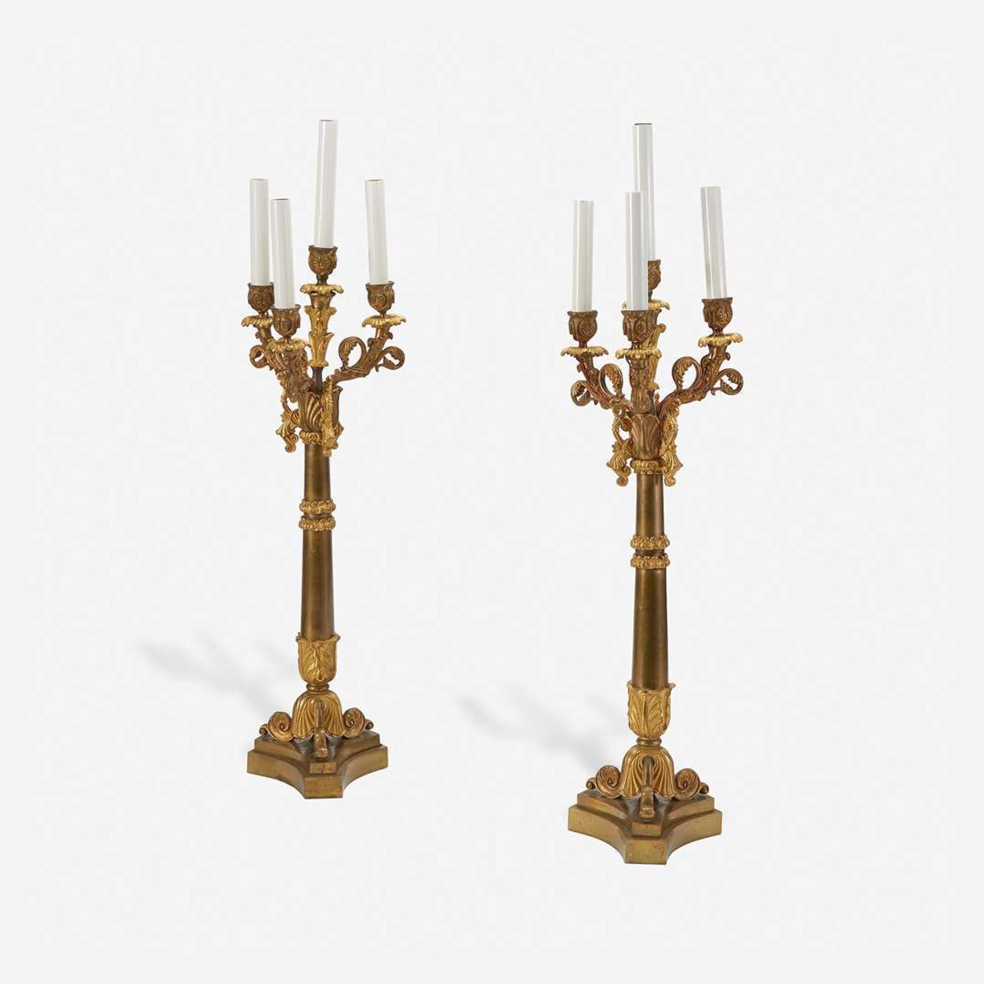 A Pair of Empire Gilt and Patinated Bronze Four-Light Candelabra early 19th century