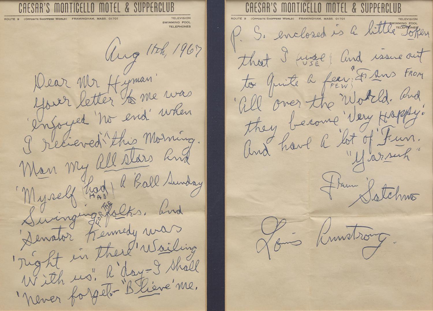 [African-Americana] Armstrong, Louis. Autograph Letter, signed, and Signed Photograph