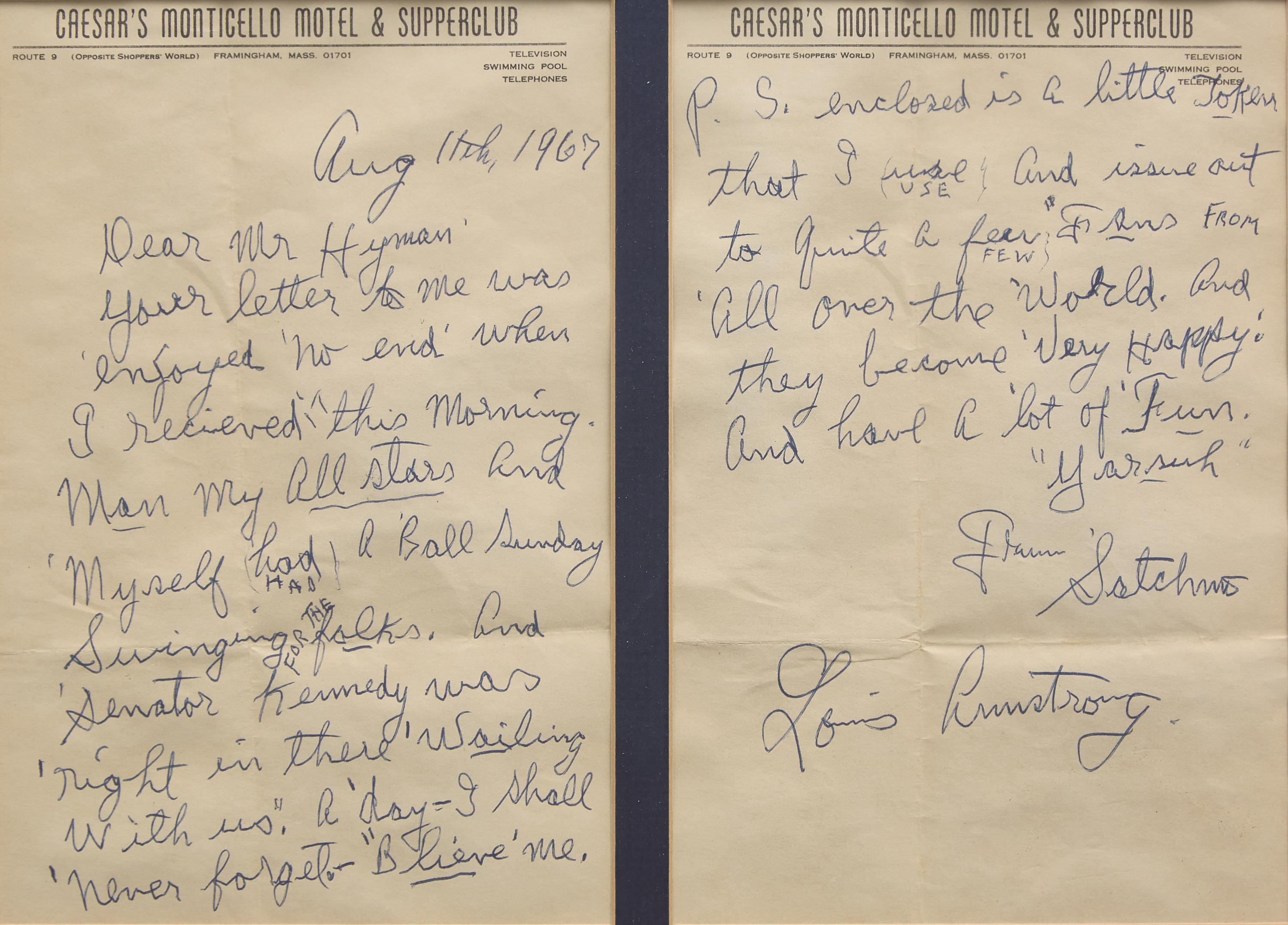 [African-Americana] Armstrong, Louis. Autograph Letter, signed, and Signed Photograph